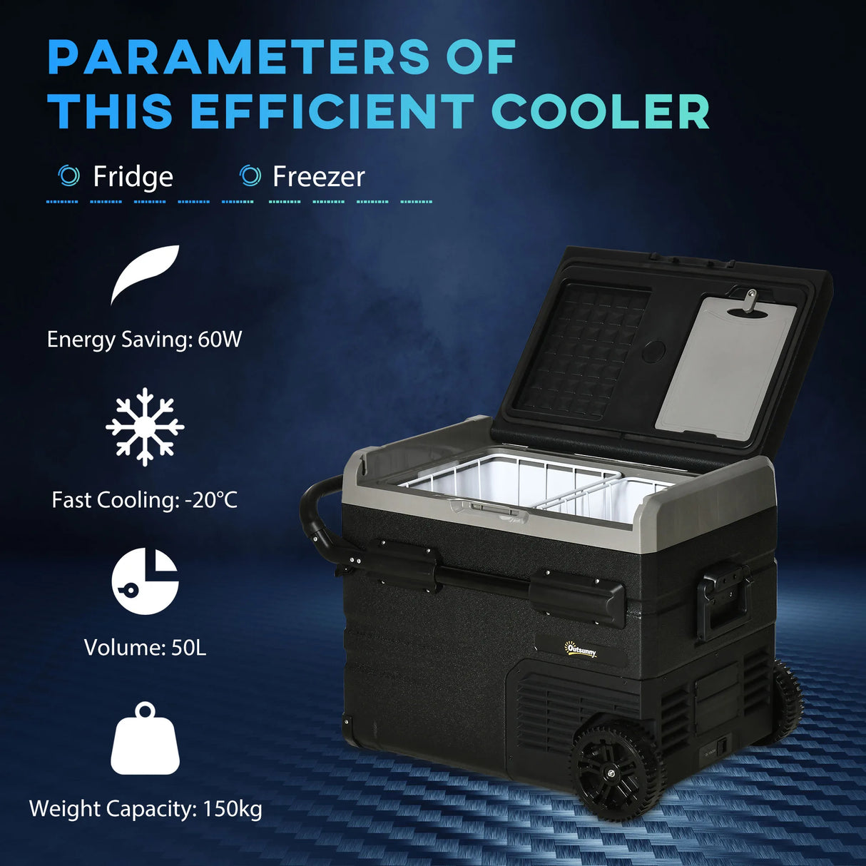 Outsunny 50L Car Refrigerator, Portable Compressor Cooler Box, Fridge Freezer w/ Inner LED Light, Foldable Handles, Cup Holders, 12/24V DC and 110-240V AC for Campervan RV Boat Travel Down to -20