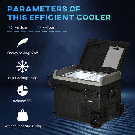 Outsunny 50L Car Refrigerator, Portable Compressor Cooler Box, Fridge Freezer w/ Inner LED Light, Foldable Handles, Cup Holders, 12/24V DC and 110-240V AC for Campervan RV Boat Travel Down to -20
