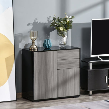 HOMCOM High Gloss Frame Sideboard, Side Cabinet, Push-Open Design with 2 Drawer for Living Room, Bedroom, Light Grey and Black