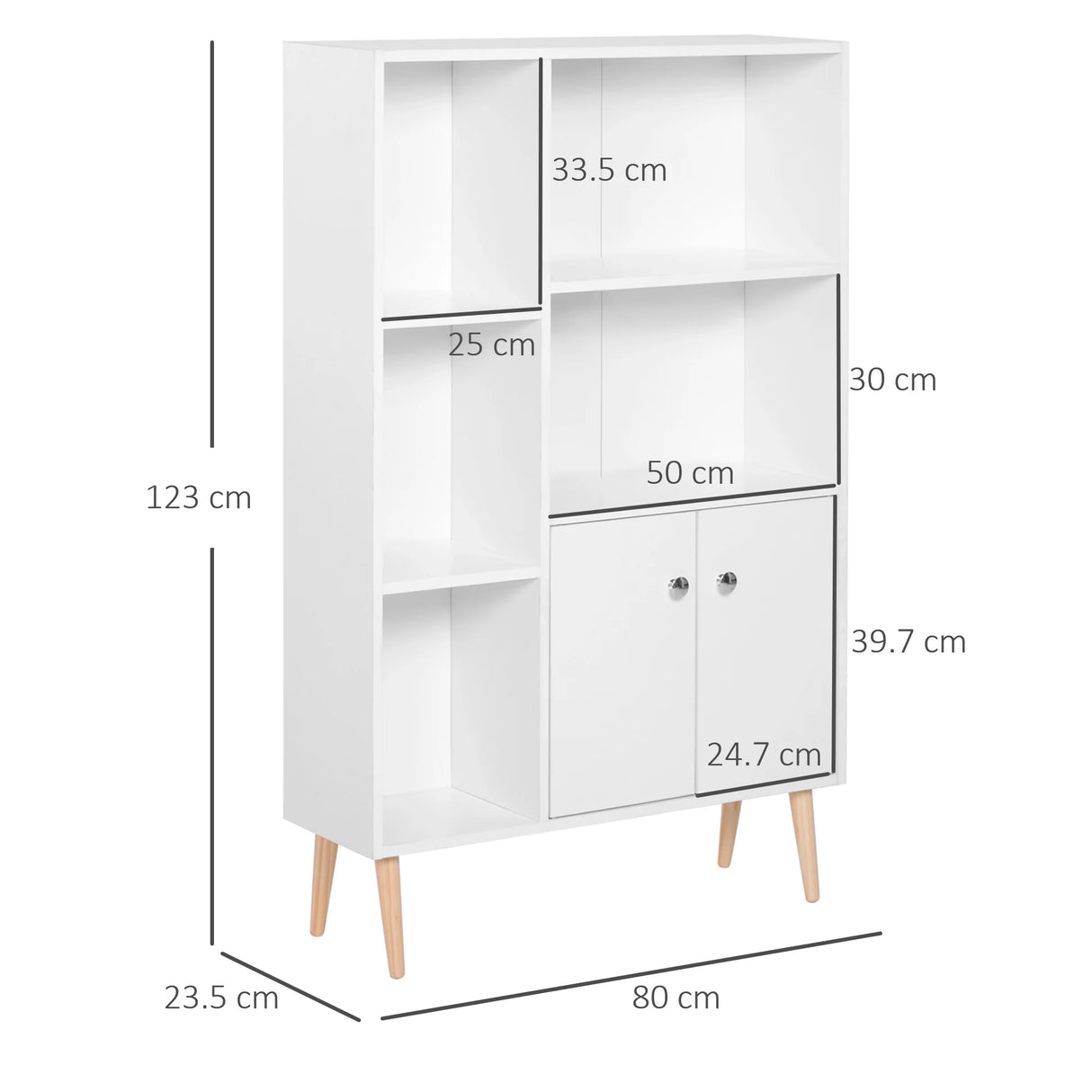 HOMCOM Sideboard Storage Cabinet Cupboard, Open Bookcase with 2 Doors 5 Compartments Wooden Modern Style for Living Room Bedroom Kitchen 80 x 23 x 123 cm, White