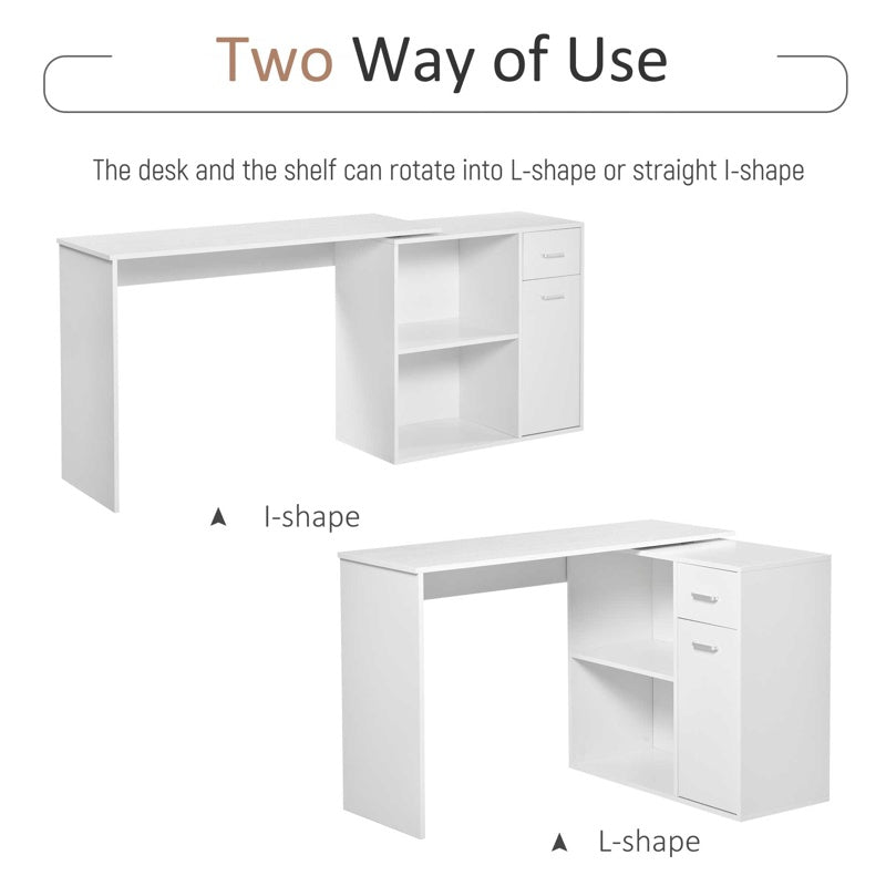 HOMCOM L-Shaped Desk, Corner Computer Desk, Adjustable Study Table with Storage Shelf, Drawer and Cabinet, Workstation for Home Office, White Wood Grain