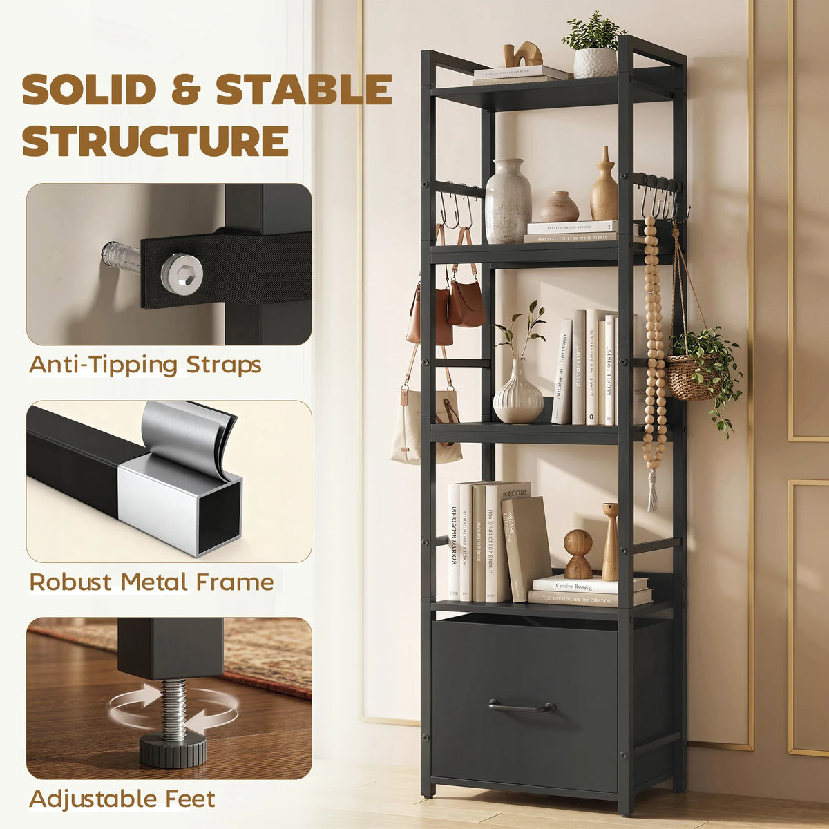HOMCOM 4-Tier Bookshelf, Narrow Bookcase with Drawer, 8 Hooks, Metal Frame, Black