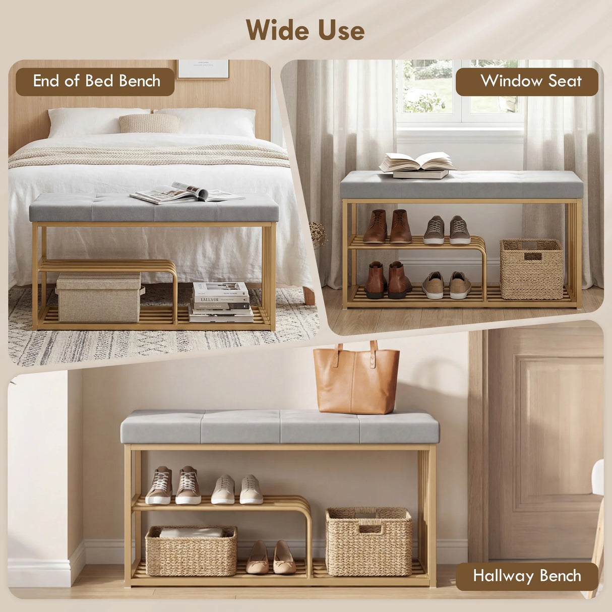 HOMCOM Bench and Shoe Storage, Tufted Shoe Storage Bench with Velvet Seat Cushion Gold Steel Frame for Entryway, Grey