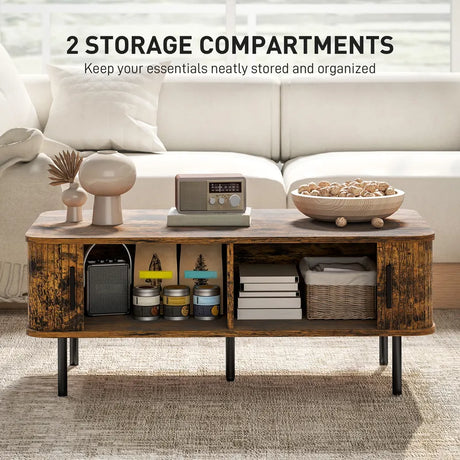 HOMCOM Coffee Table with Storage, Living Room Table with Slatted Tambour Sliding Doors and Foot Pads, Rectangular Coffee Table with Elevated Base for Living Room, Rustic Brown