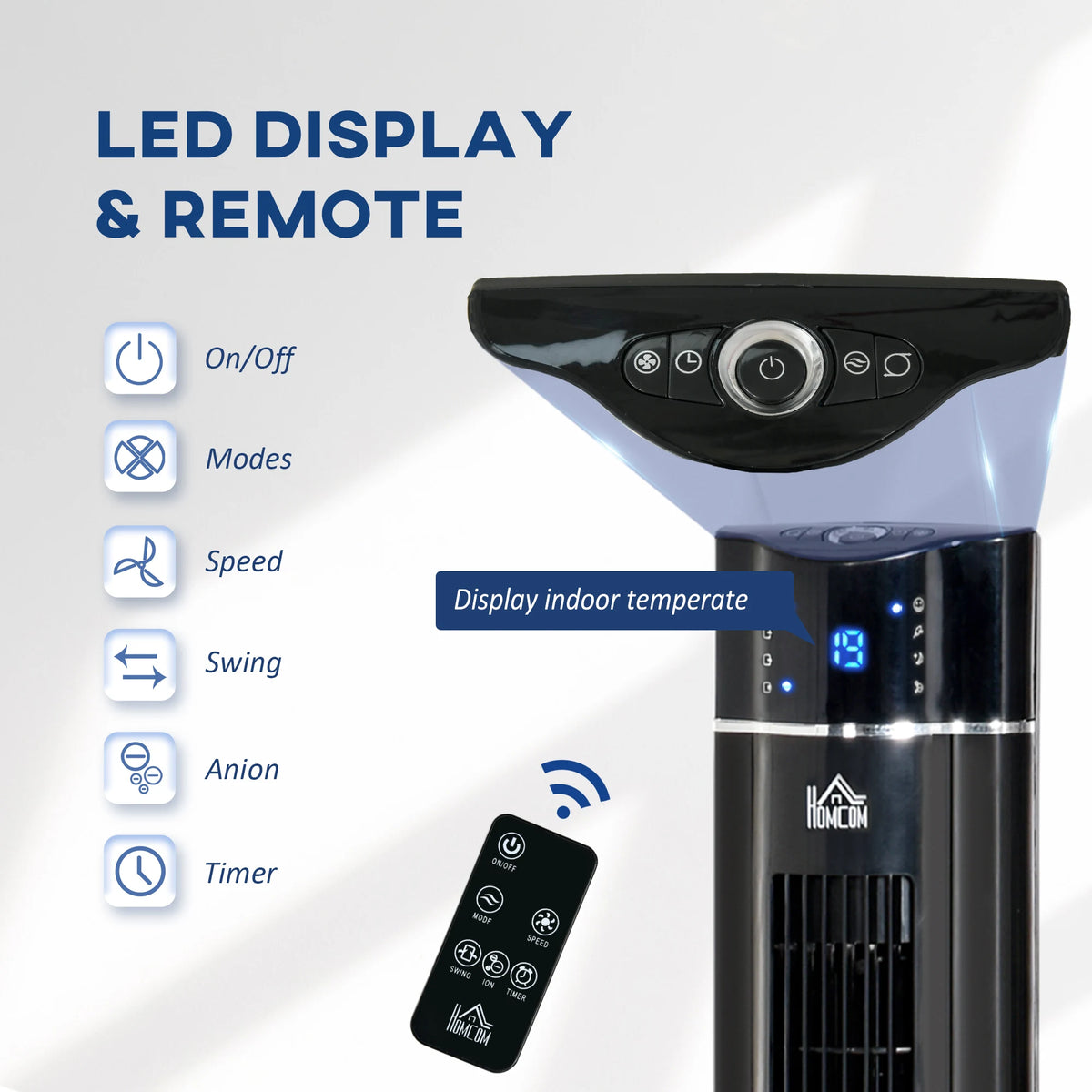 HOMCOM Anion Tower Fan for Bedroom, 42 inch, 6 m/s Powerful Velocity, Standing Floor Fan with 60 Oscillating, 3 Modes, 3 Speeds, 8 Hour Timer, LED Display, Remote Control, Black