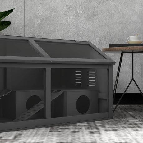 PawHut Hamster Cage, Wooden Small Animal Cage for Gerbils, Mice w/ Suspension Bridge, Openable Top, Hut, 85 x 45 x 44cm - Grey