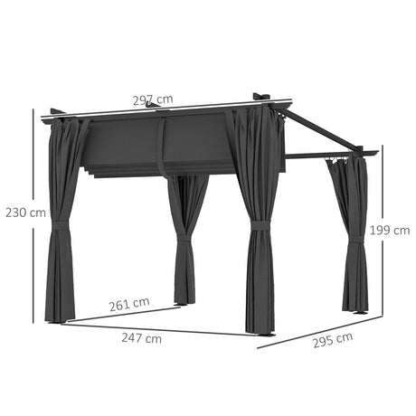 Outsunny 3 x 3 m Retractable Roof Pergola, with Curtains - Dark Grey