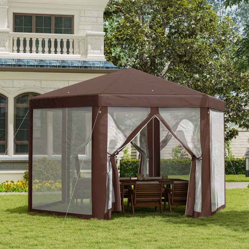 Outsunny Hexagonal Garden Gazebo Patio Party Outdoor Canopy Tent Sun Shelter with Mosquito Netting and Zipped Door, Brown