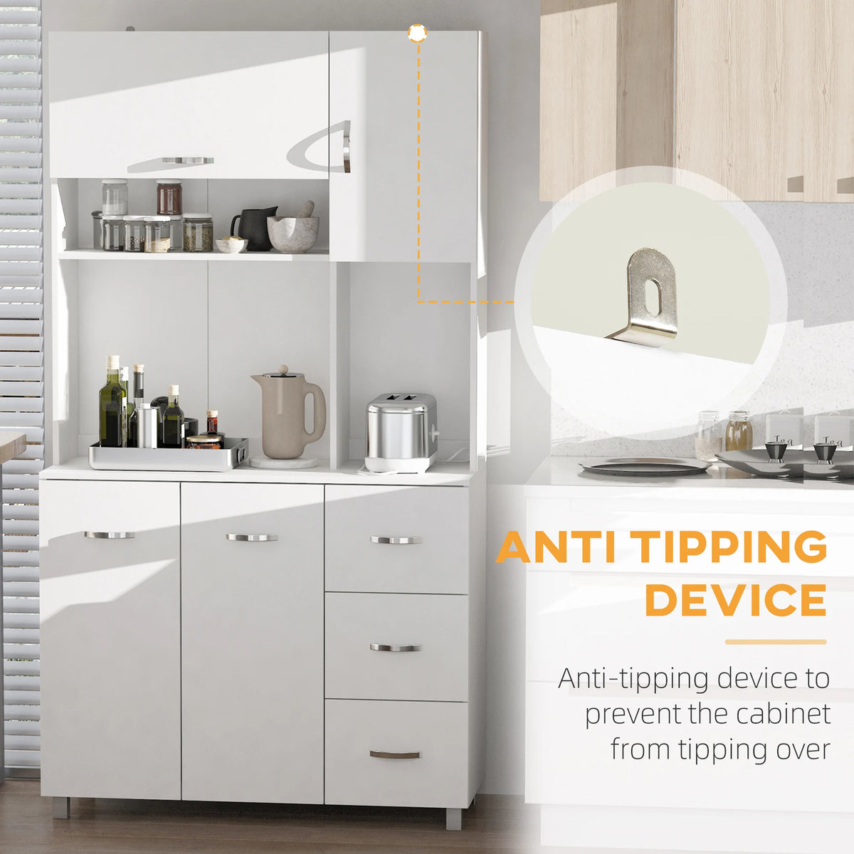 HOMCOM Kitchen Cupboard, 183cm Tall Storage Cabinet with Countertop, Sideboard with 3 Small Drawers, Flip Up Top Door, 3 Cabinet Doors and Open Shelves, 100W x 39.5D x 183.5H cm, White