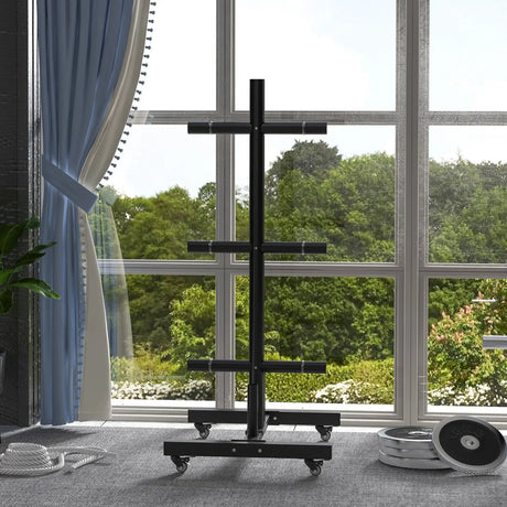 SPORTNOW Weight Rack for Olympic Weight Plate, 3 Tier Weight Tree for 2 inch Plates and Bars, Weight Organiser Stand with 4 Transport Wheels and Clamps for Home Gym, Max Load 200kg, Black
