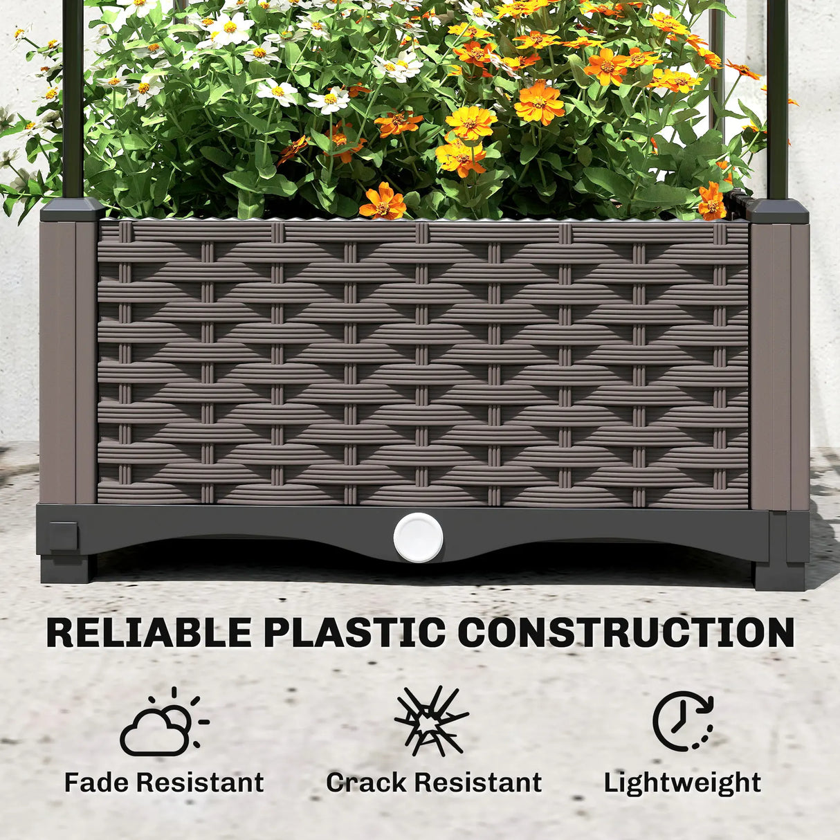 Outsunny Raised Garden Bed with Trellis, Plastic Planter Box with Drainage Holes, Drain Plugs and Water Reservoirs
