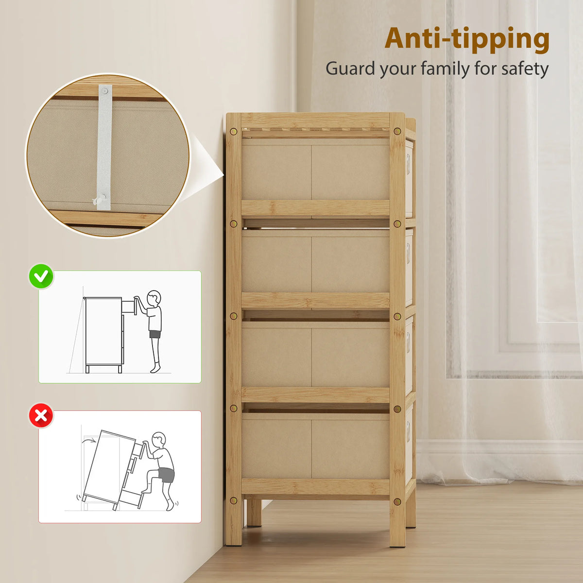 HOMCOM Chest of Drawers, 4 Fabric Drawers Narrow Dresser with Bamboo Frame, Cream White