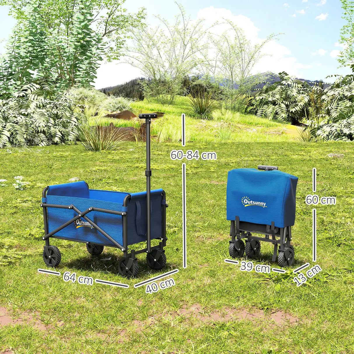 Outsunny 41L Festival Trolley on Wheels, Small Garden Folding Trolley Cart, 60kg Heavy Duty Collapsible Folding Wagon with Adjustable Handle and Carrying Bag for Beach, Camping, Festival, Blue