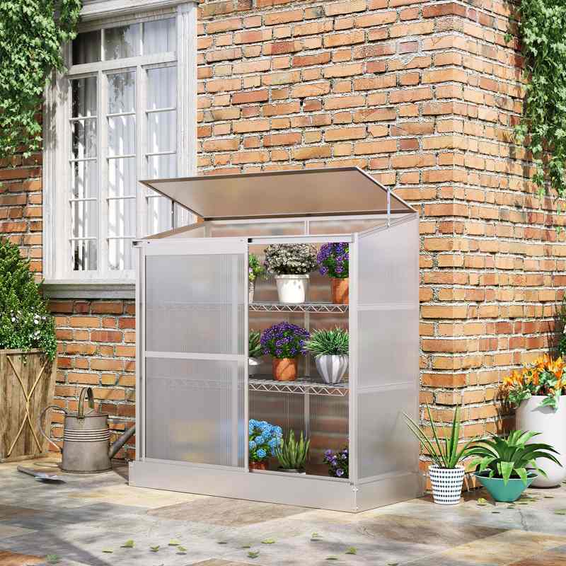 Outsunny 3 Tier Greenhouse Garden Outdoor Cold Frame Plant Flower Growth Transparent Polycarbonate Board Openable Roof Sliding Door w/ Foundation 131L x 58W x 140H cm