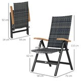 Outsunny 2 Pieces Folding Rattan Garden Dining Chairs with 5-level Reclining High Back, Wood Armrests for Outdoor - Mixed-grey