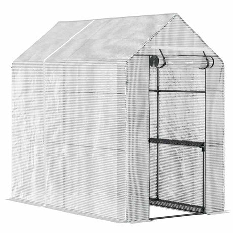 Outsunny Walk in Garden Greenhouse with 2-Tier Shelves Polytunnel Steeple Grow House 6 x 4 x 6ft White