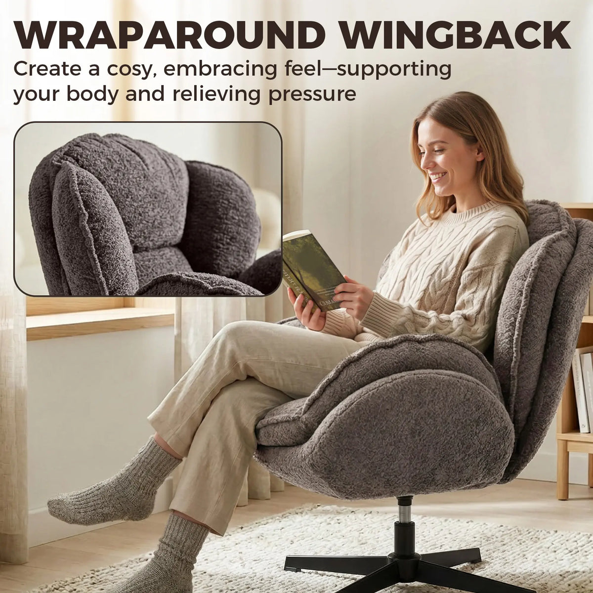 HOMCOM Modern Wingback Accent Chair, Velvet Armchair with Four-Star Base, S-Springs, Swivel, Grey