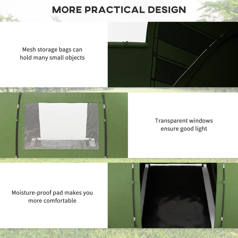 Outsunny 4-6 Man Camping Tent w/ Two Bedroom, Hiking Sun Shelter, UV Protection Tunnel Tent, Dark Green