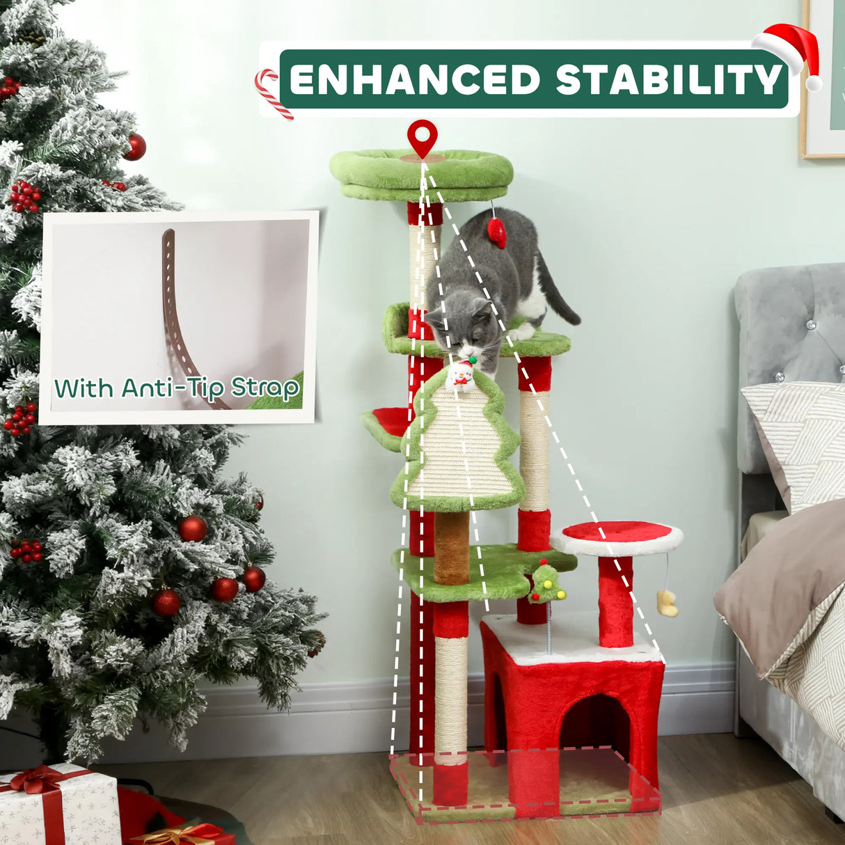 PawHut Cat Tree, 120cm Christmas Cat Tower with 3 Scratching Posts, Scratching Board, 2 Perches, Platforms, Toys, Green