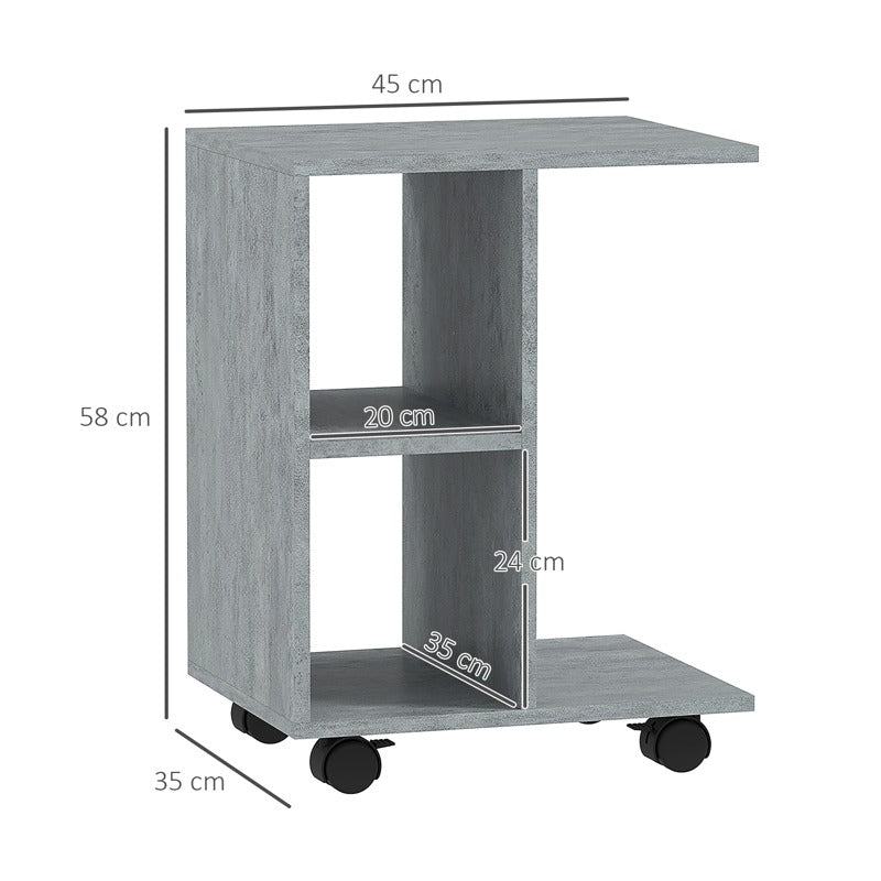 HOMCOM C-Shape End Table Unique Storage Unit w/ 2 Shelves 4 Wheels Freestanding Home Office Furniture Cabinet Square Studio Grey