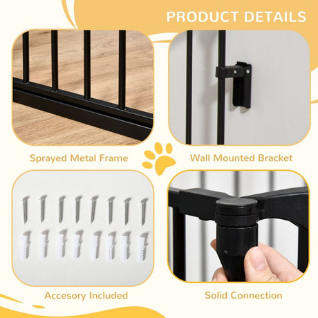 PawHut Pet Safety Gate, 3 Panels Playpen Fireplace, Metal Fence, Stair Barrier, Room Divider w/ Walk-Through Door - Black