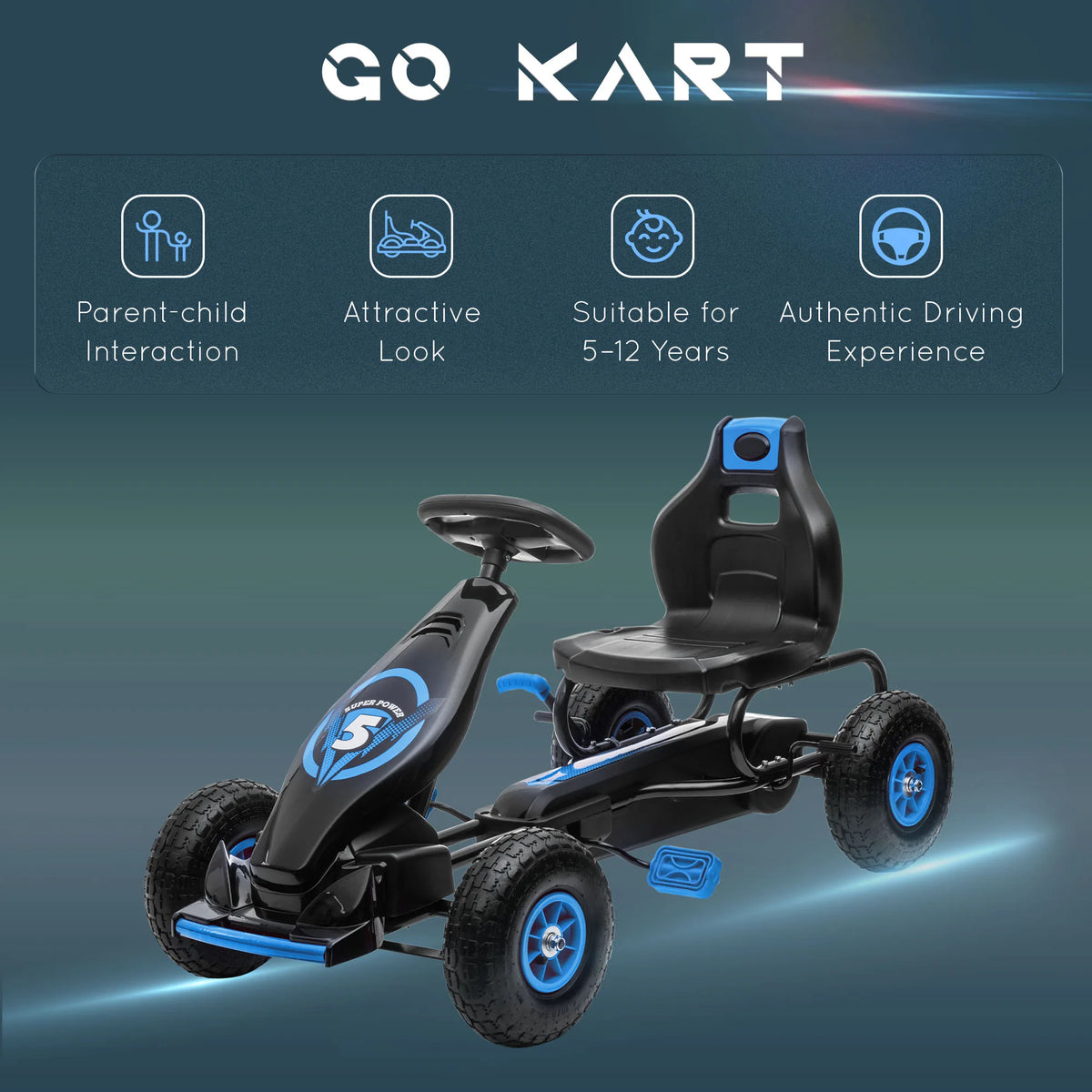 HOMCOM Kids Pedal Go Kart, with Adjustable Seat, Inflatable Tyres - Blue