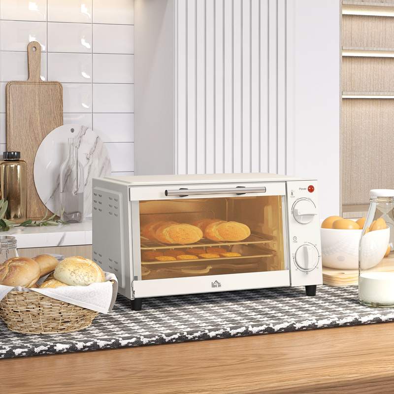 HOMCOM Mini Oven, 9L Countertop Electric Grill, Toaster Oven with Adjustable Temperature, Timer, Dishwasher Safe Baking Tray and Wire Rack, 750W, Cream