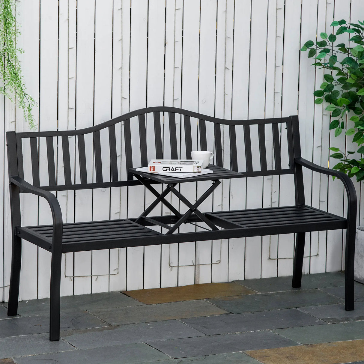 Outsunny Metal Outdoor Bench with Liftable Middle Table, Patio Loveseat, Garden Bench for Garden, Porch, Seats 23 People, Black