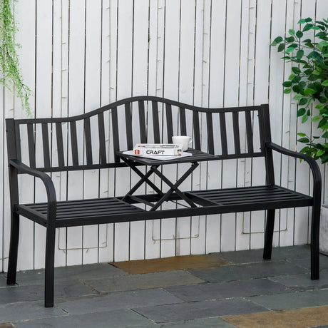 Outsunny Metal Outdoor Bench with Liftable Middle Table, Patio Loveseat, Garden Bench for Garden, Porch, Seats 23 People, Black