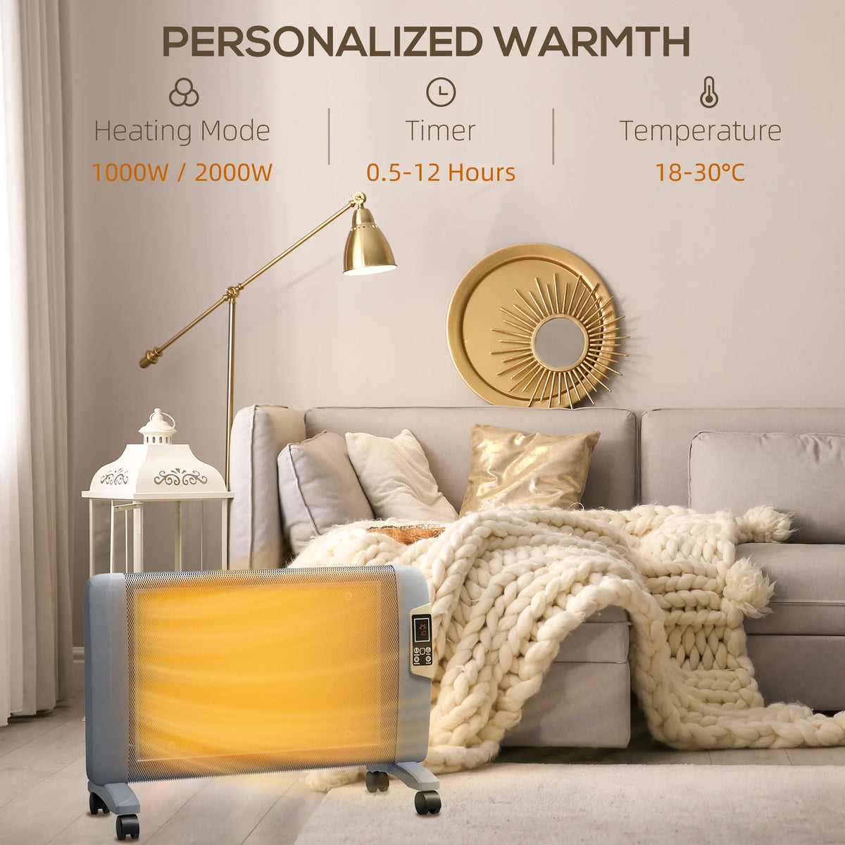 HOMCOM Mica Electric Space Heater, Portable Heater for Home with 2 Heat Settings, Living Room, Study, Garage, Adjustable Temperature 18-30C, 1000W/2000W, Grey
