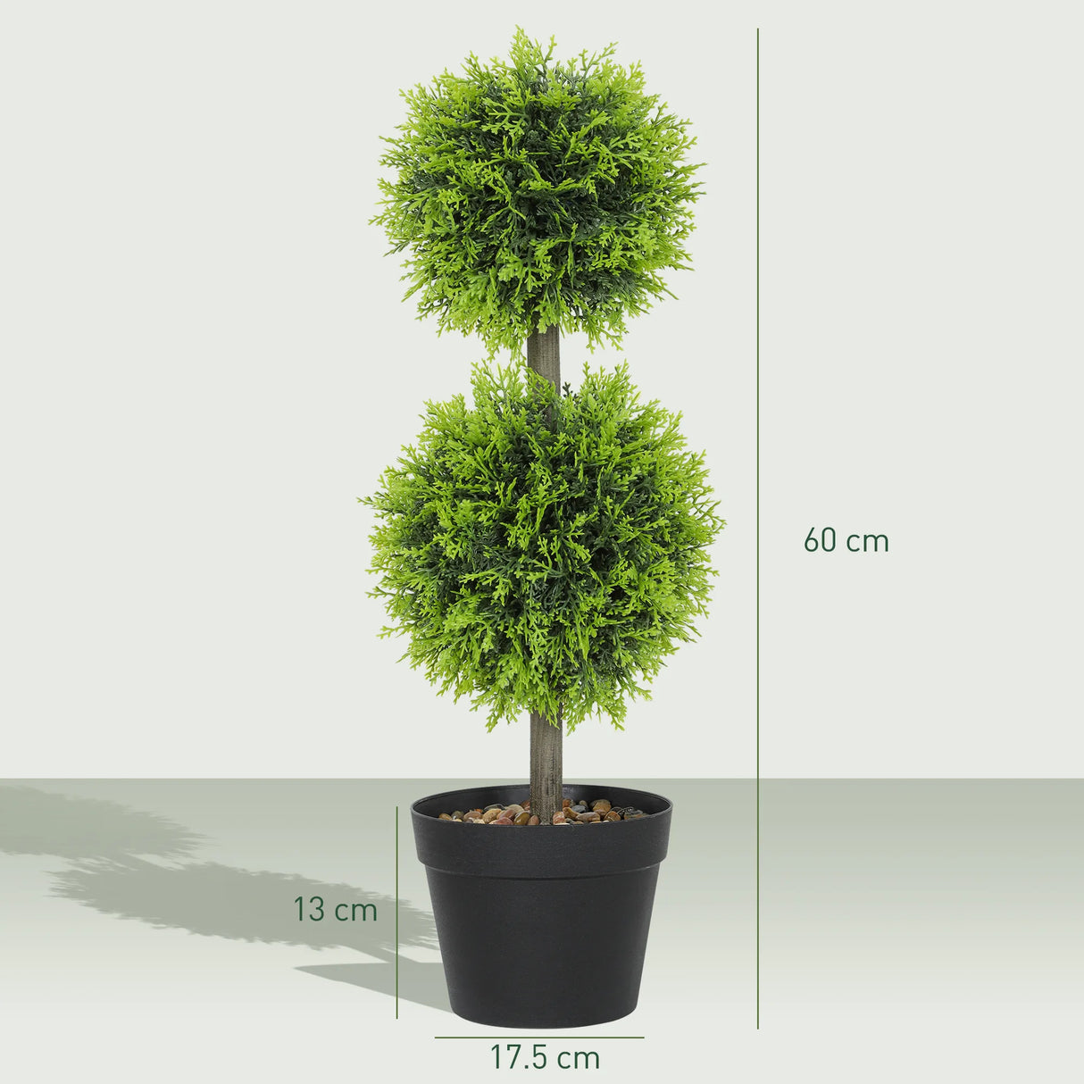 HOMCOM Set of 2 Decorative Artificial Plants, 60cm Faux Topiary Cypress Ball Trees with Plastic Pot and Pebbles, Fake Plants for Home Office Decor, Green