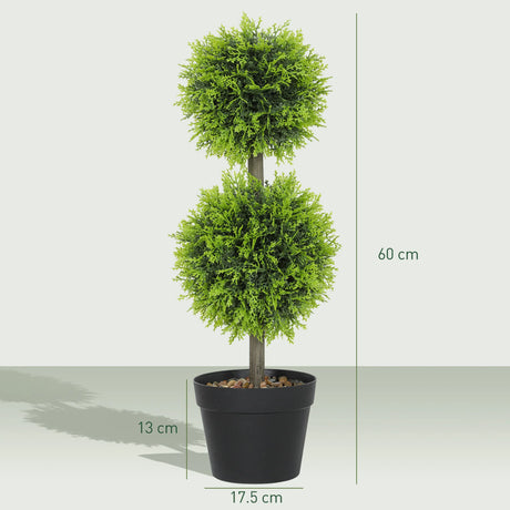 HOMCOM Set of 2 Decorative Artificial Plants, 60cm Faux Topiary Cypress Ball Trees with Plastic Pot and Pebbles, Fake Plants for Home Office Decor, Green