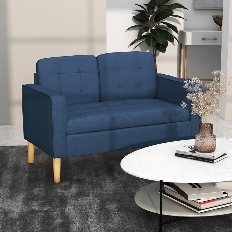 HOMCOM Modern Loveseat Sofa, Compact 2 Seater Sofa with Hidden Storage, 117cm Tufted Cotton Couch with Wood Legs, Blue