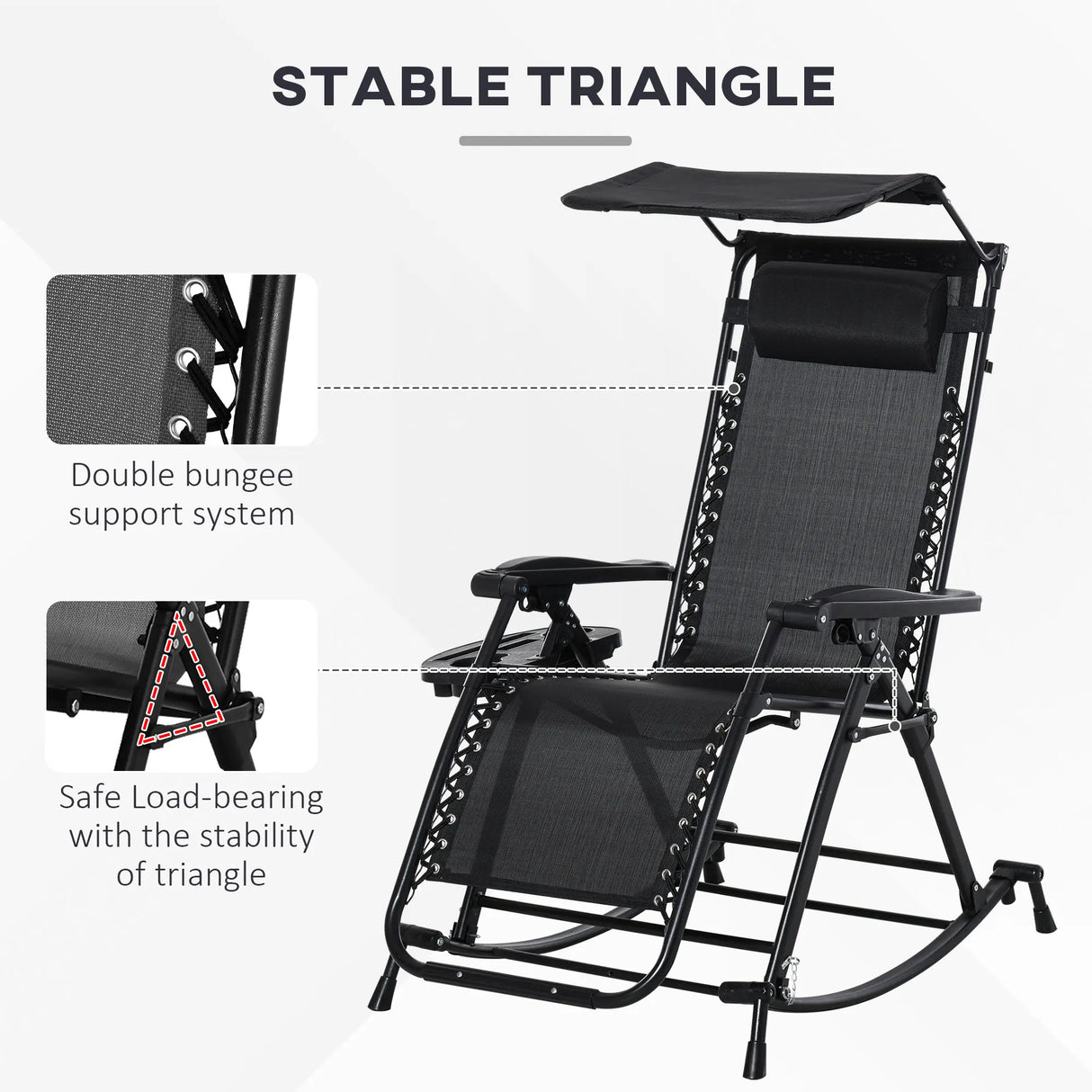 Outsunny Garden Rocking Chair Folding Recliner Outdoor Adjustable Sun Lounger Rocker Zero-Gravity Seat with Headrest Side Holder Patio Deck - Black