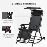 Outsunny Garden Rocking Chair Folding Recliner Outdoor Adjustable Sun Lounger Rocker Zero-Gravity Seat with Headrest Side Holder Patio Deck - Black