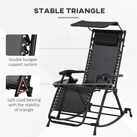 Outsunny Garden Rocking Chair Folding Recliner Outdoor Adjustable Sun Lounger Rocker Zero-Gravity Seat with Headrest Side Holder Patio Deck - Black