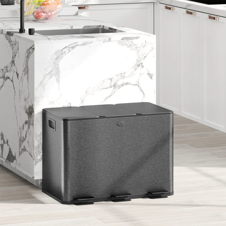 HOMCOM 3 x 20L Pedal Bin, Steel Triple Kitchen Bin with Soft Close Lid, Removable Inner Buckets, Fingerprint-Proof, Black