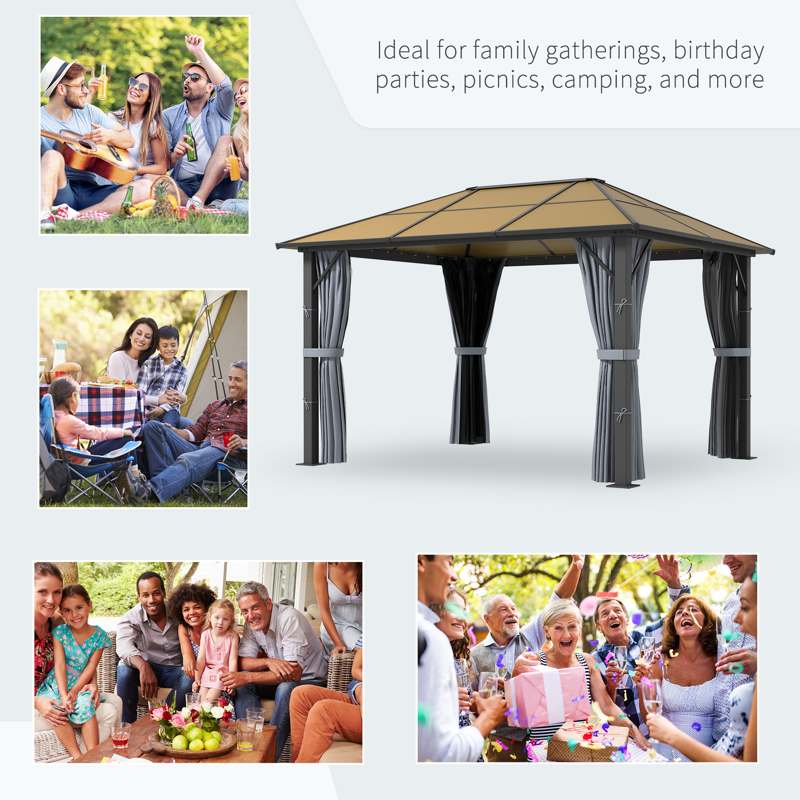 Outsunny 3 x 3.6m Garden Aluminium Gazebo Hardtop Roof Canopy Marquee Party Tent Patio with Mesh Curtains & Side Walls - Grey