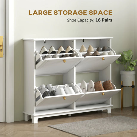 HOMCOM Narrow Shoe Storage Cabinet, Slim Shoe Cabinet with 4 Flip Drawers, Adjustable Shelves for 16 Pairs of Shoes, White