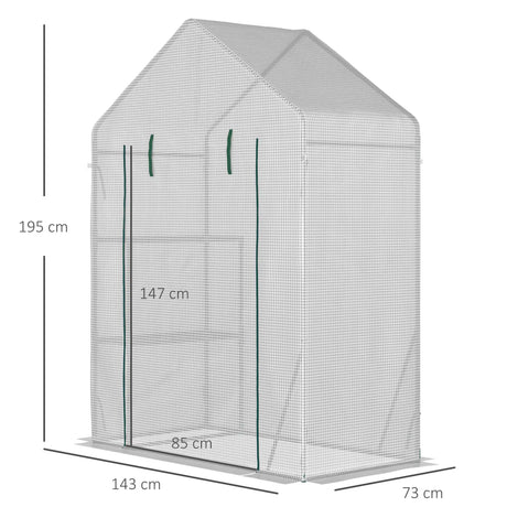 Outsunny Walk In Greenhouse with 2 Tier Shelf, Portable Gardening Plant Grow House Tomato Greenhouse with Roll up Zip Panel Door, Reinforced PE Cover, 143 x 73 x 195cm, Green