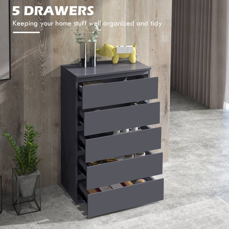 HOMCOM 5-Drawer Modern Dresser, High Gloss Storage Drawer Unit for Bedroom, Grey