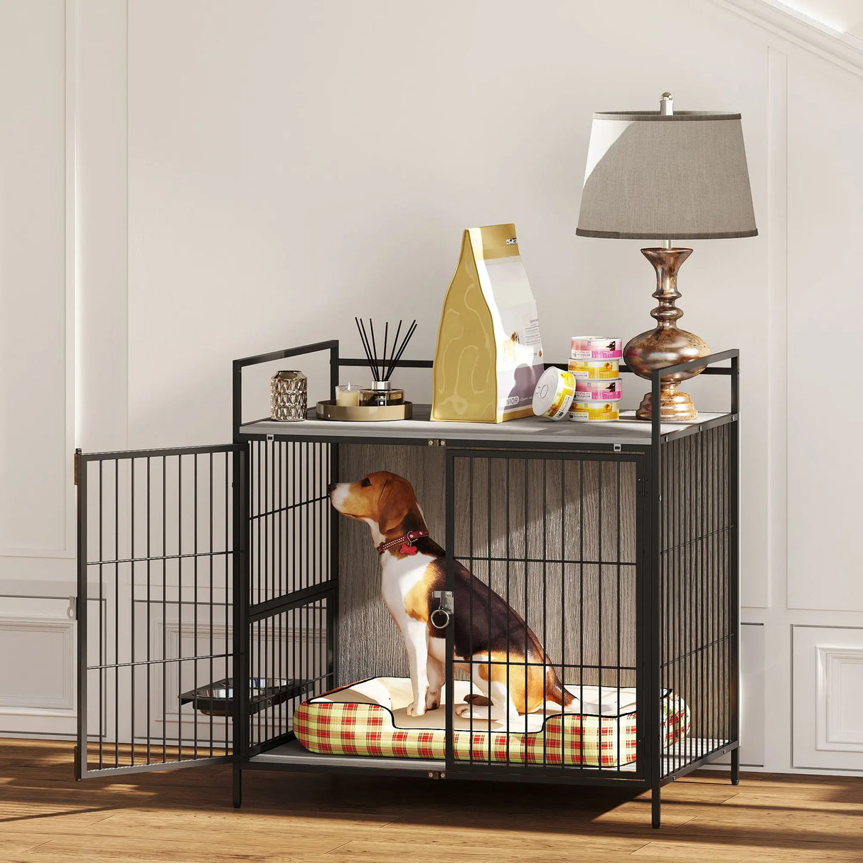 PawHut Dog Crate Furniture with Rotating Bowl Holder, 2 Bowls, 2 Doors, for Medium Dogs, 80 x 56 x 76.5 cm, Grey