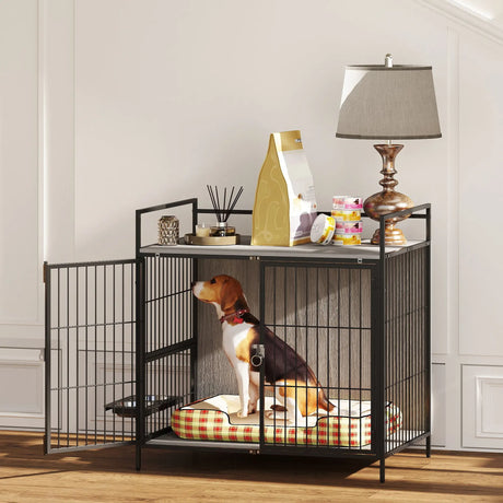PawHut Dog Crate Furniture with Rotating Bowl Holder, 2 Bowls, 2 Doors, for Medium Dogs, 80 x 56 x 76.5 cm, Grey