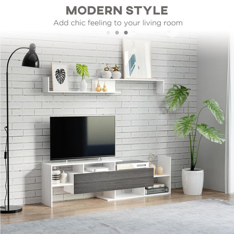 HOMCOM Modern TV Cabinet with Wall Shelf, TV Unit with Storage Shelf and Cabinet, for Wall-Mounted 65" TVs or Standing 40" TVs, White and Grey