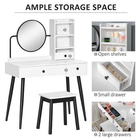 HOMCOM Dressing Table Set with Mirror and Stool, Vanity Makeup Table with 3 Drawers and Open Shelves for Bedroom, Living Room, White