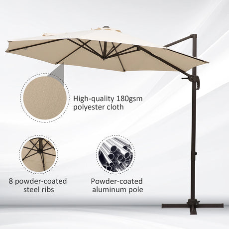 Outsunny 3M Banana Parasol Hanging Cantilever Umbrella W/ Cross Base Hand Crank Aluminium Frame 360Rotation Hand Crank-Beige