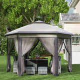 Outsunny 3 x 4m Garden Gazebo Hexagon Pop Up Gazebo Party Tent Canopy Double Roof Instant Shelter with Netting and Carry Bag for Outdoor Patio, Beige
