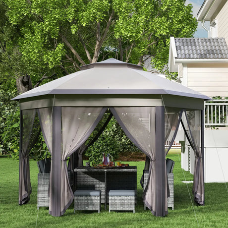 Outsunny 3 x 4m Garden Gazebo Hexagon Pop Up Gazebo Party Tent Canopy Double Roof Instant Shelter with Netting and Carry Bag for Outdoor Patio, Beige