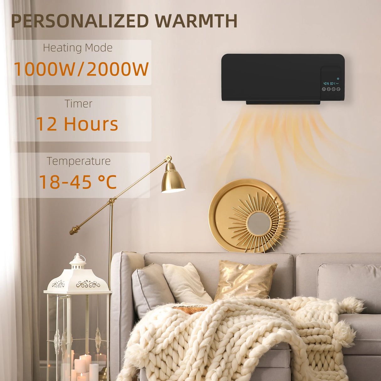 HOMCOM 2000W Wall Mounted Heater, 18-45C Temperature, Black