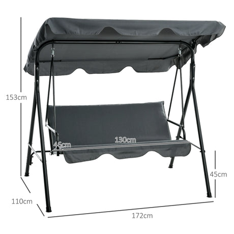 Outsunny 3 Seater Garden Swing Chair, Outdoor Swing Chair with Adjustable Canopy, Mental Frame & Cushions, Grey